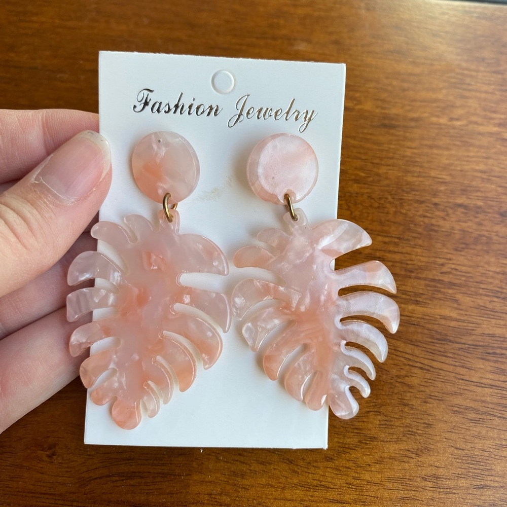 Pink Palm Leaf Stud Earrings